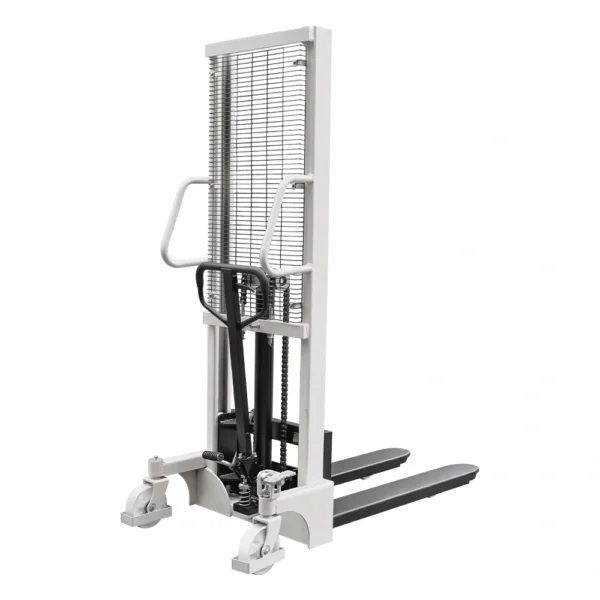 QMS QSLIFT QMS manual pallet stacker with protective mast grille and hydraulic lifting mechanism