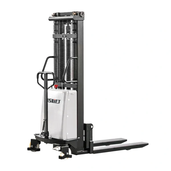 QSS15 QSLIFT QSS15 semi-electric pallet stacker with solid metal forks and protective mast grille