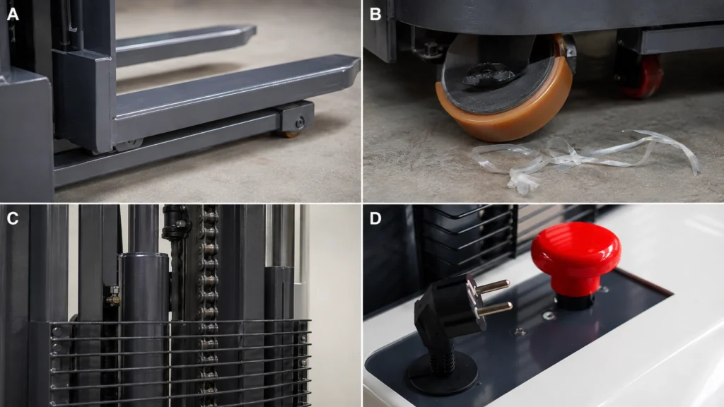Electric stacker fork, wheel, mast chain and emergency-stop inspection