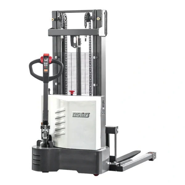 QSLIFT QES10E-SL electric straddle stacker with protective mast grille and pedestrian tiller