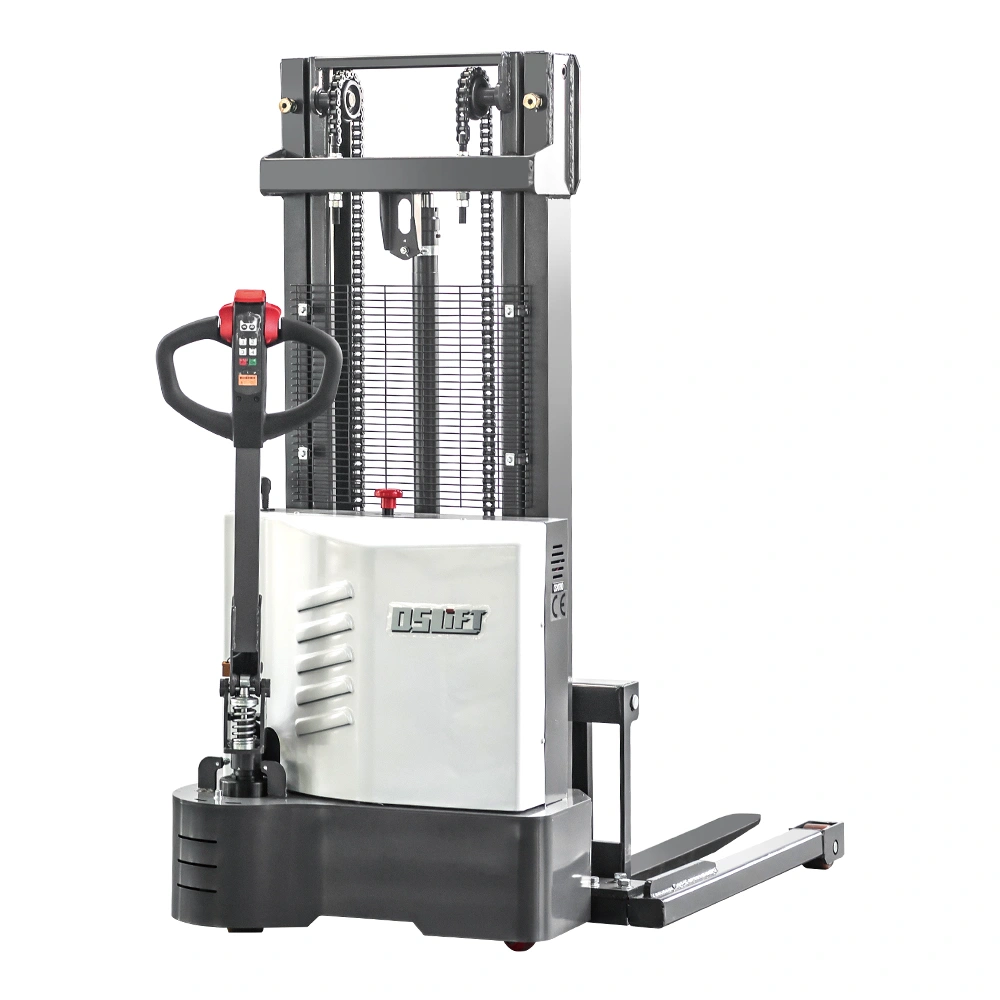 QSLIFT QES10E-SL electric straddle stacker with protective mast grille and pedestrian tiller
