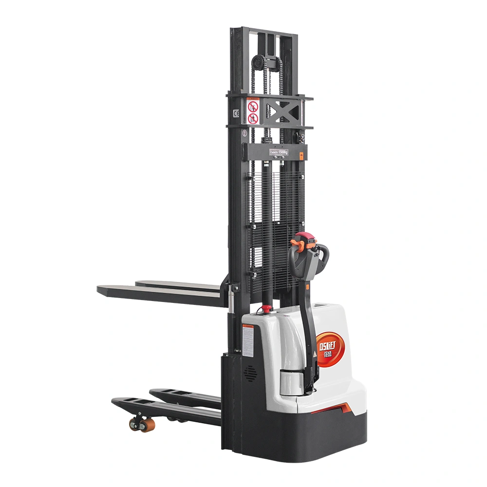 QSLIFT QES15D electric pallet stacker with raised forks and initial-lift support arms