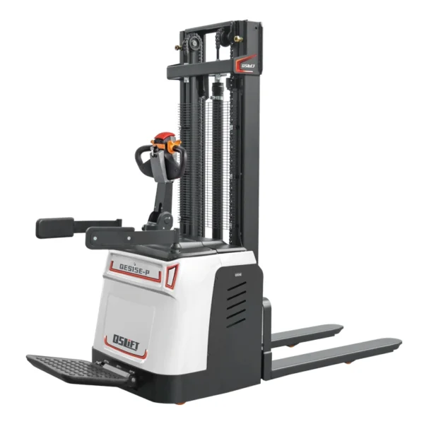 QSLIFT QES15E-P electric pallet stacker with folding operator platform lowered