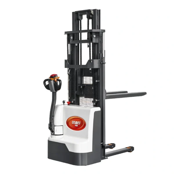 QSLIFT QES15E-PV pedestrian electric pallet stacker with raised forks and long steering tiller