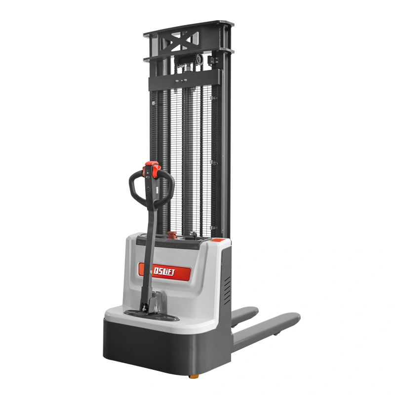 QSLIFT QES15M pedestrian electric pallet stacker with protective mast grille and tiller controls