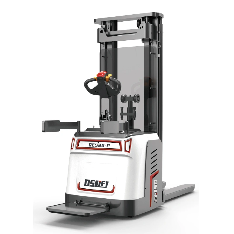 QSLIFT QES20P/QES16P ride-on electric pallet stacker with operator platform and guardrail