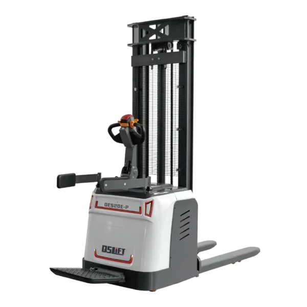 QSLIFT QES20E-P electric pallet stacker with folding operator platform lowered